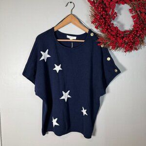 Brit. NY Womens Plus 1X Star Short Sleeve Knit Top Coastal Navy White Cotton